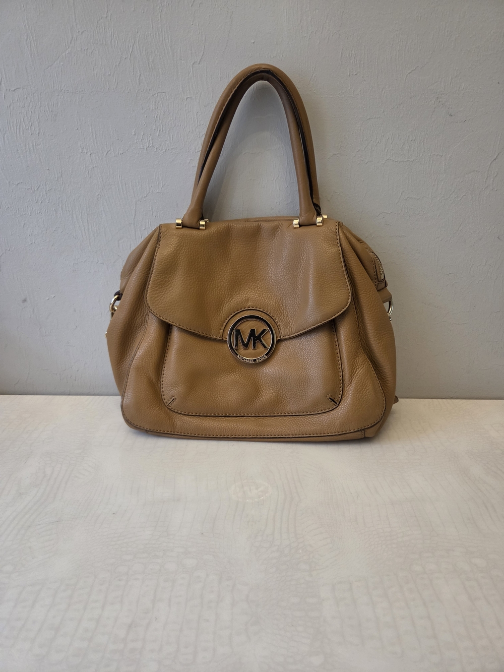 Michael Kors Cognac Pebbled Leather Satchel Crossbody MK Medallion Gold